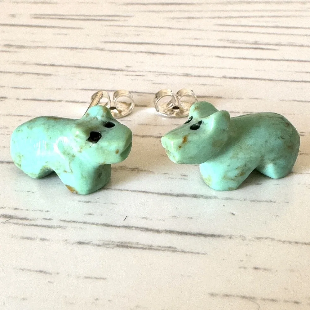Zuni Bear Fetish Stud Earrings 15mm Turquoise Carved Sterling Post Native Amer